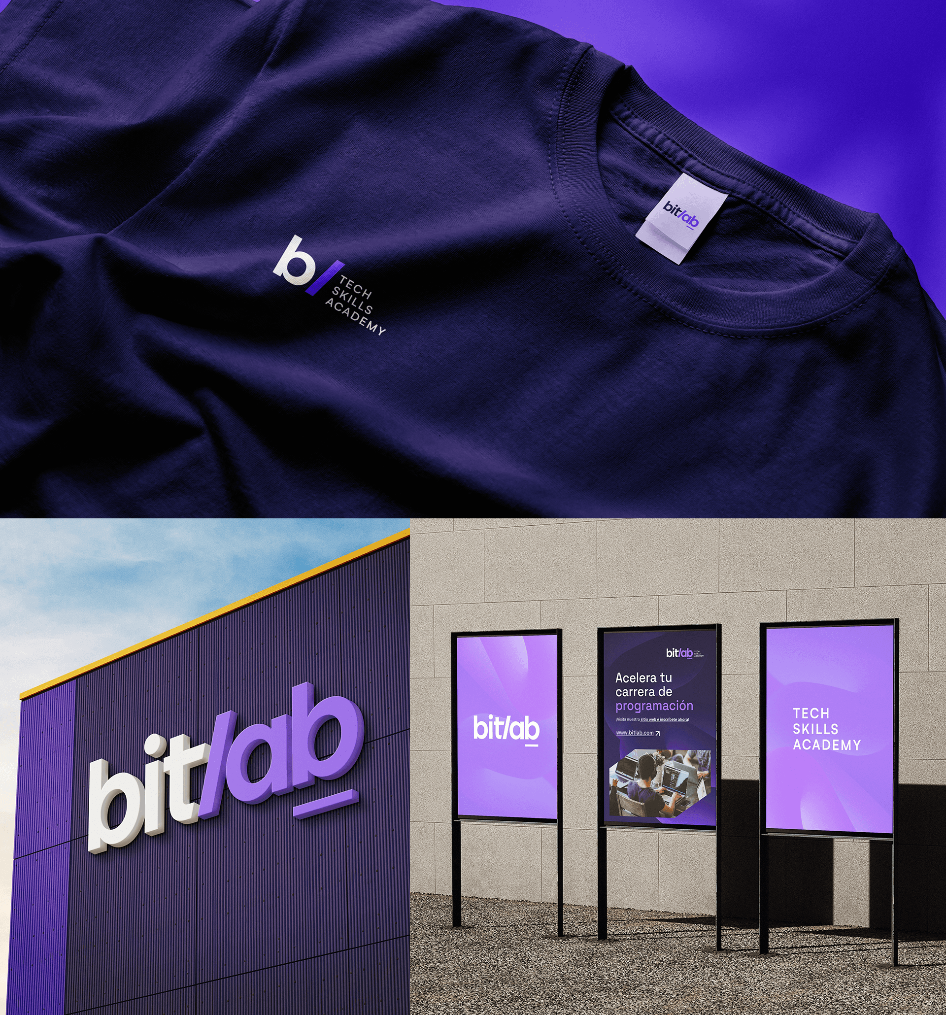 bit/ab wordmark and b/ monogram on a t-shirt, building signage and outdoor posters