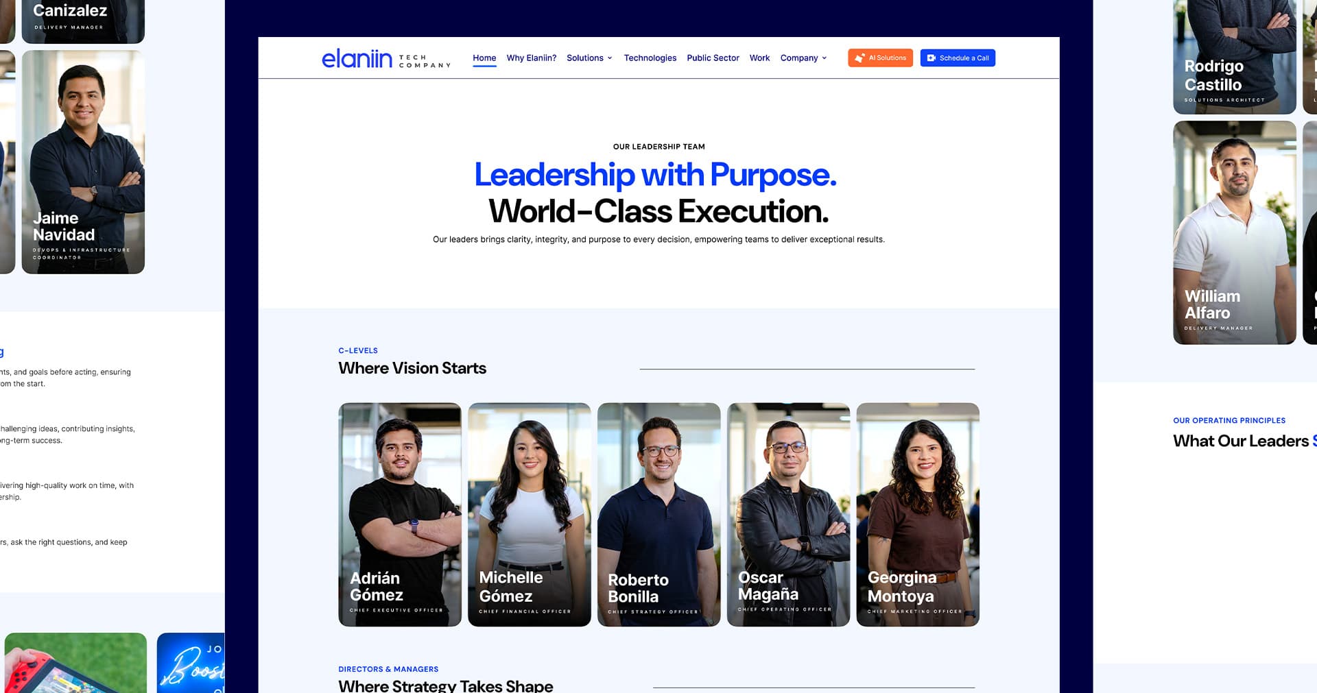 Elaniin leadership team page with AI-directed photography