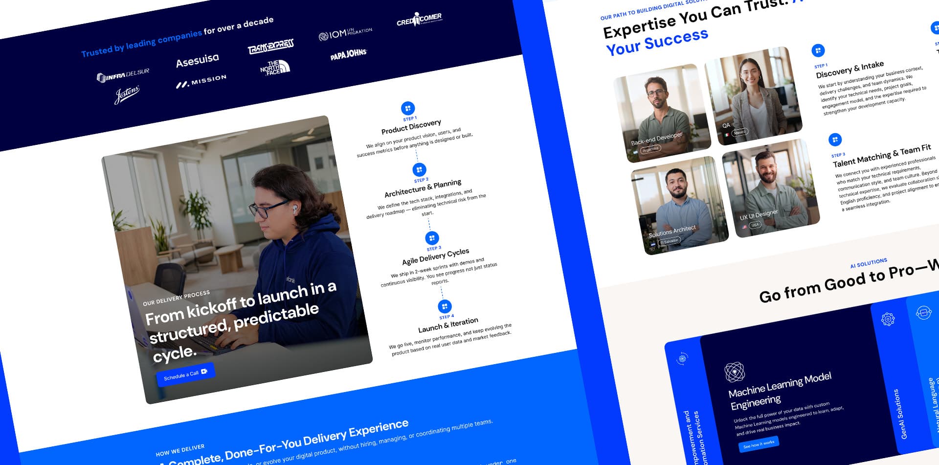 Elaniin four-step delivery journey and AI solutions section
